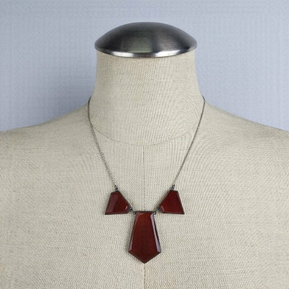 Vintage Silver Tone Red Glass Geometric Shape Necklace